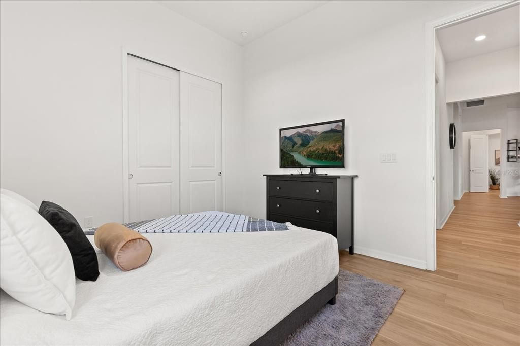 Bedroom, Interior, Recessed Lighting, Wood Texture Flooring