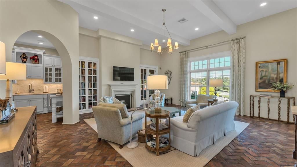 Chandelier, Fireplace, Interior, Living room, Recessed Lighting