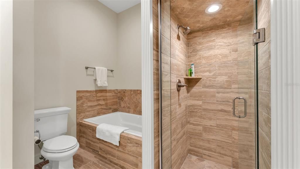 Bathroom, Glass Shower, Interior, Recessed Lighting, Wood Texture Flooring