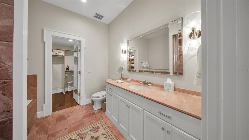 Bathroom, Dual Sink Vanities, Interior, Recessed Lighting, Wood Texture Flooring