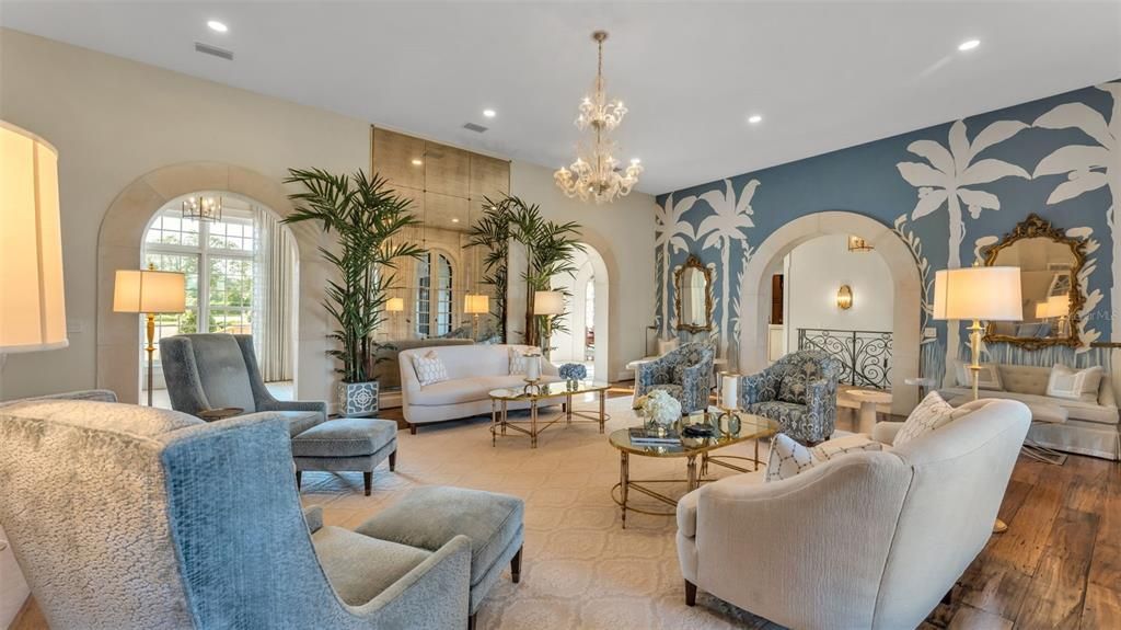 Chandelier, Interior, Living room, Recessed Lighting, Wood Texture Flooring