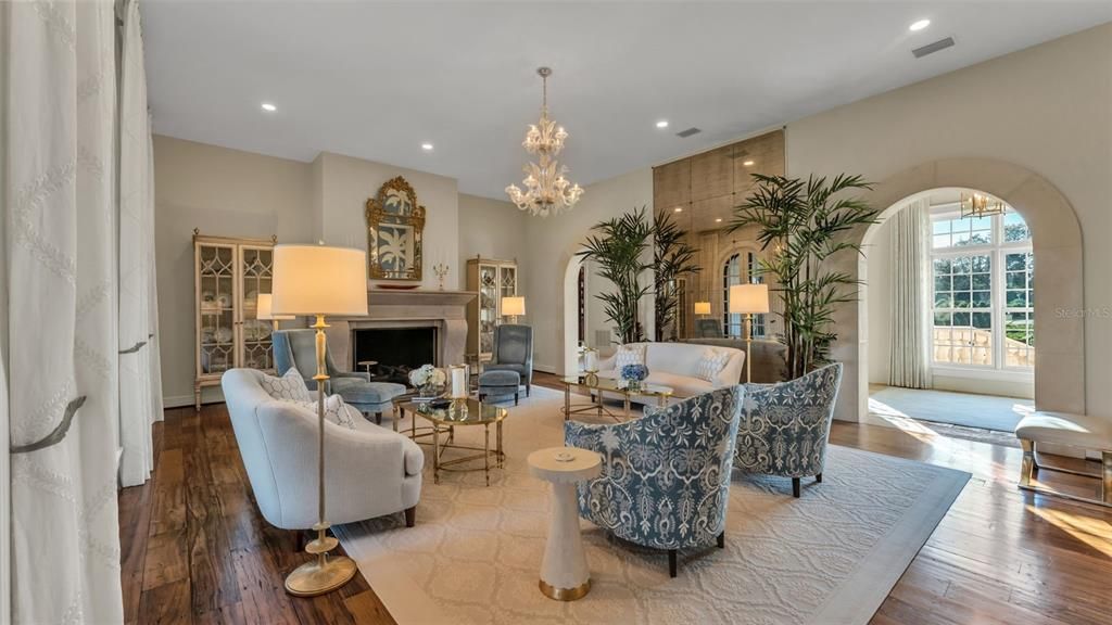 Chandelier, Fireplace, Interior, Living room, Recessed Lighting, Wood Texture Flooring