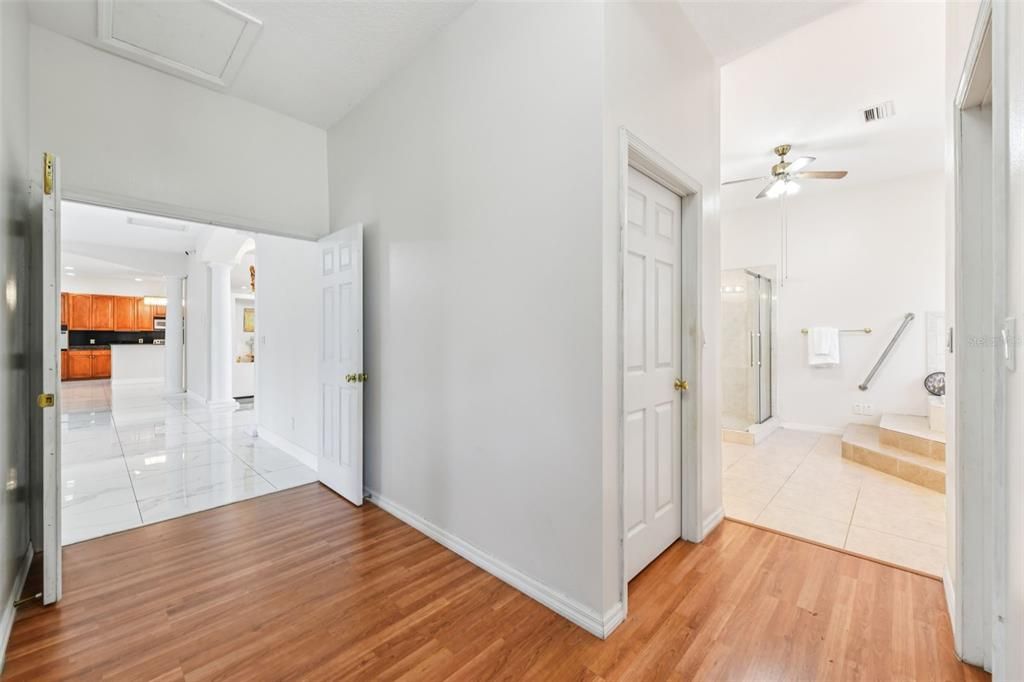 Bathroom, Empty room, Interior, Kitchen, Recessed Lighting, Wood Texture Flooring