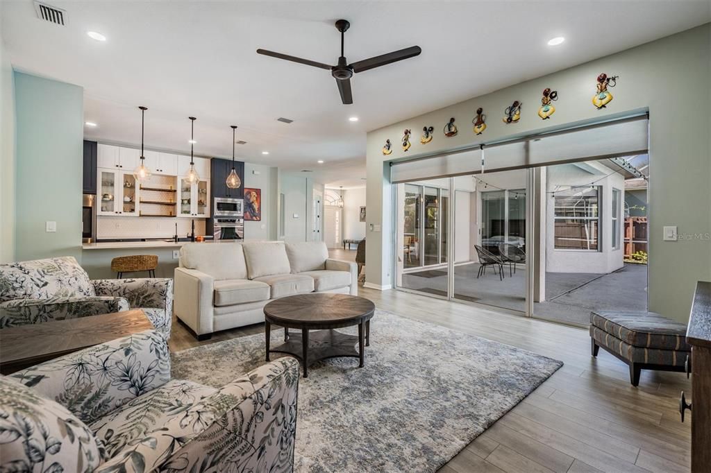 Interior, Kitchen, Living room, Pendant Lights, Recessed Lighting, Wood Texture Flooring