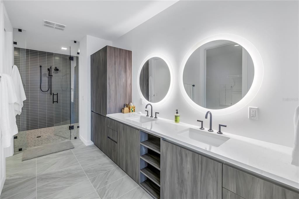 Bathroom, Dual Sink Vanities, Glass Shower, Interior, Recessed Lighting
