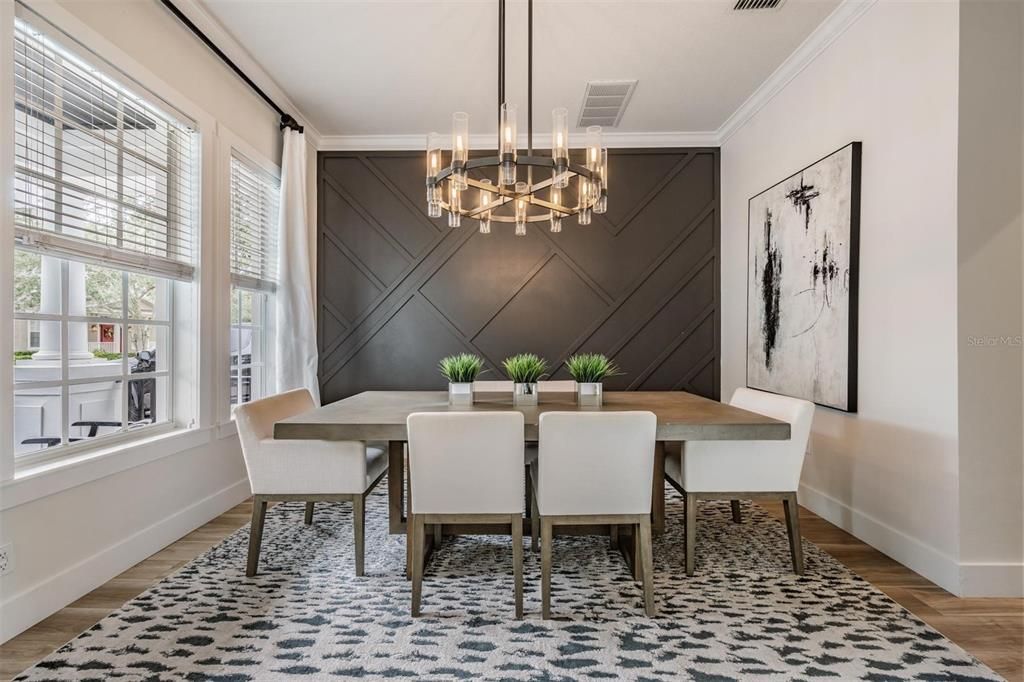 Chandelier, Dining room, Interior, Wood Texture Flooring