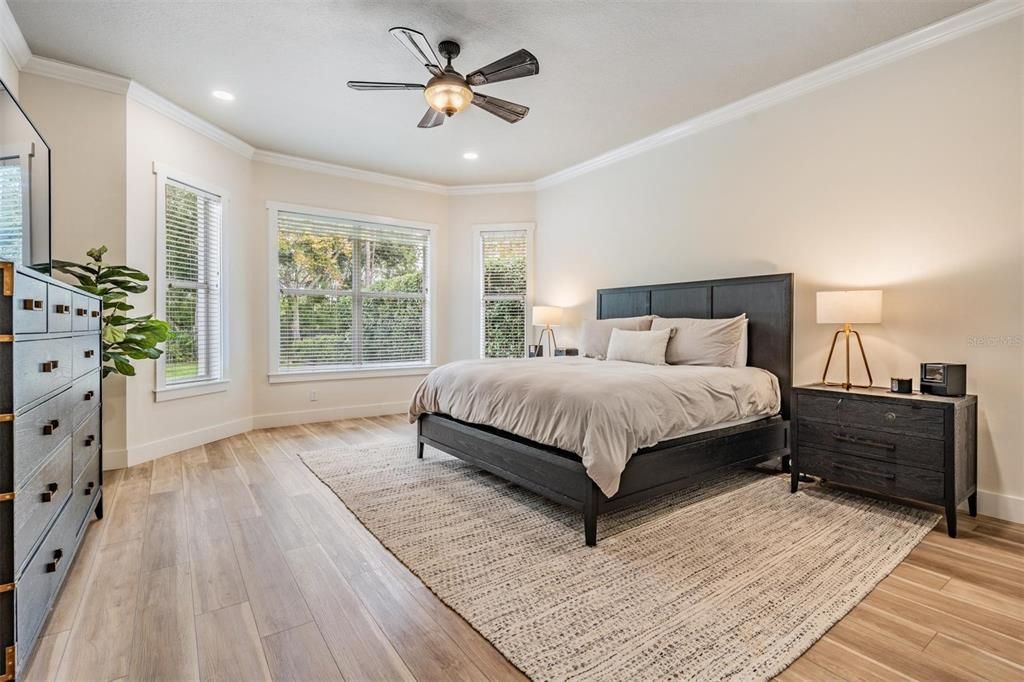 Bedroom, Interior, Recessed Lighting, Wood Texture Flooring