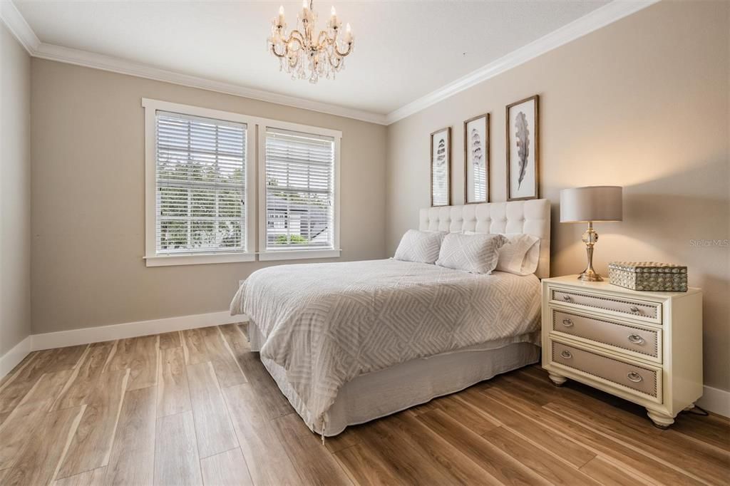 Bedroom, Chandelier, Interior, Wood Texture Flooring
