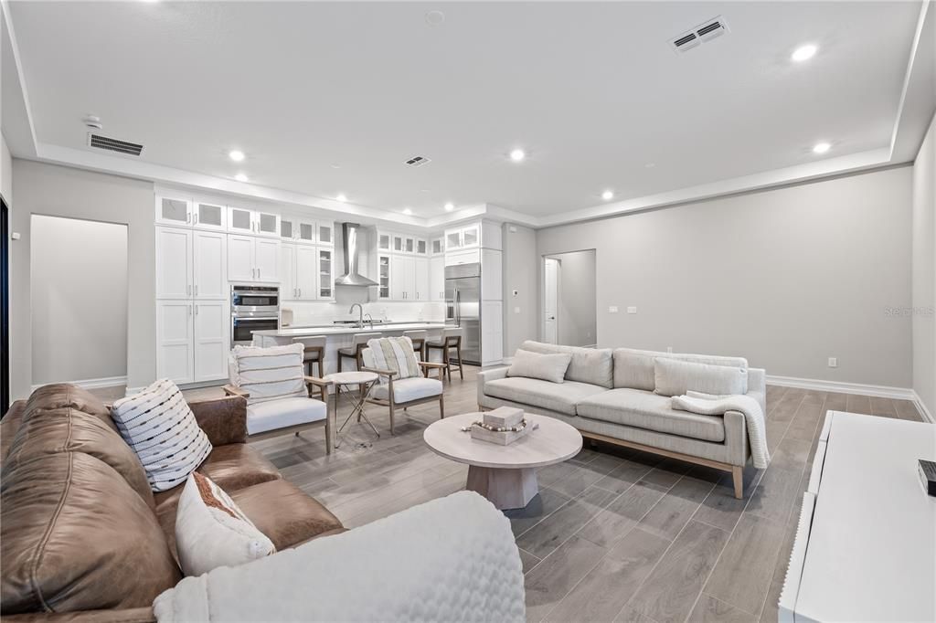 Interior, Kitchen, Living room, Recessed Lighting, Stainless Steel Appliances, Wood Texture Flooring