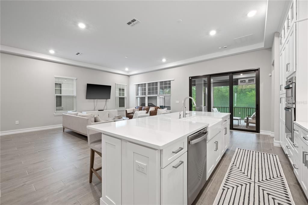 Interior, Kitchen, Living room, Recessed Lighting, Wood Texture Flooring