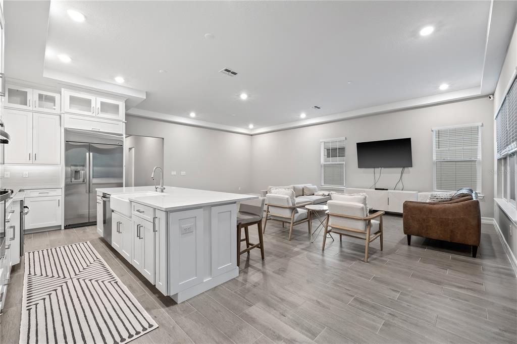 Interior, Kitchen, Living room, Recessed Lighting, Stainless Steel Appliances, Wood Texture Flooring