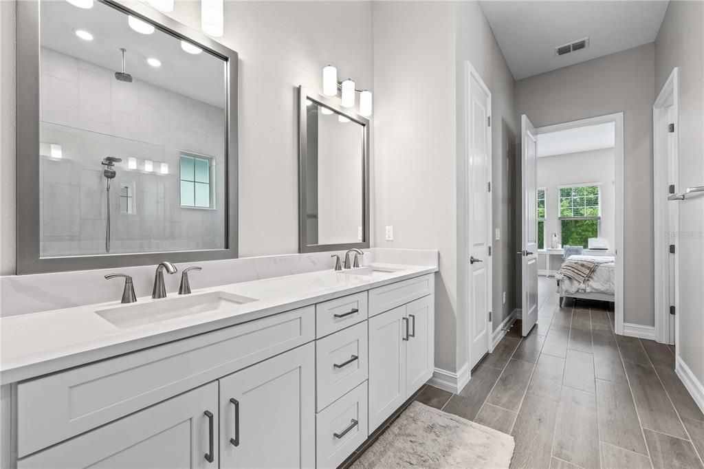 Bathroom, Bedroom, Dual Sink Vanities, Interior, Recessed Lighting, Wood Texture Flooring