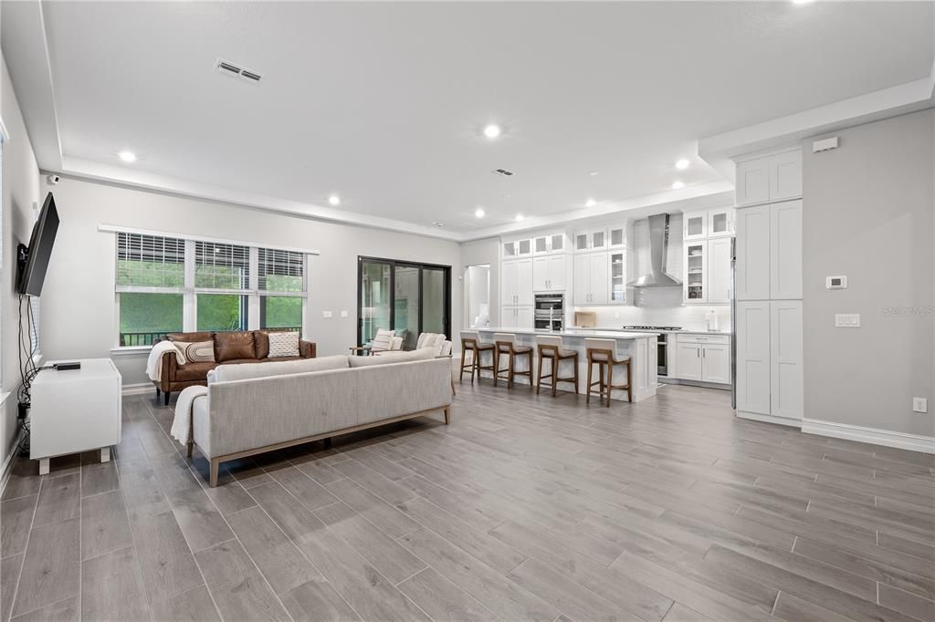 Interior, Kitchen, Living room, Recessed Lighting, Stainless Steel Appliances, Wood Texture Flooring