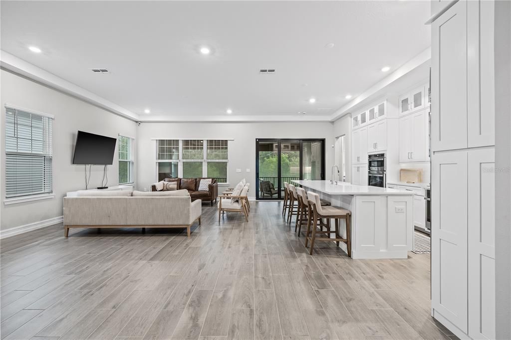 Interior, Kitchen, Living room, Recessed Lighting, Wood Texture Flooring