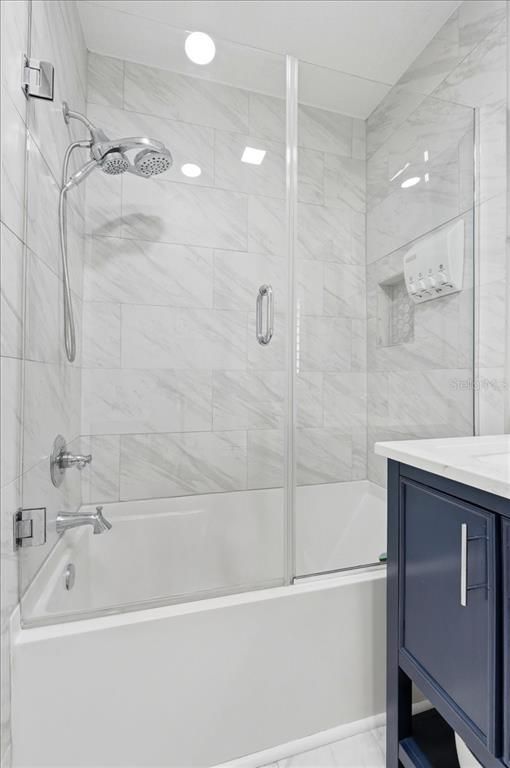 Bathroom, Glass Shower, Interior, Marble Walls, Recessed Lighting