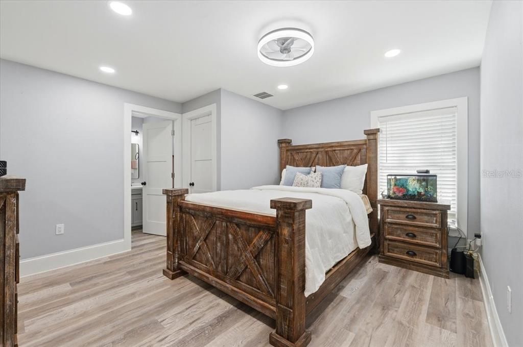 Bedroom, Interior, Recessed Lighting, Wood Texture Flooring