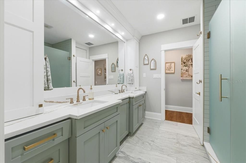 Bathroom, Dual Sink Vanities, Interior, Marble, Recessed Lighting, Wood Texture Flooring
