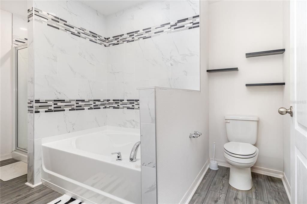 Bathroom, Interior, Marble Walls, Wood Texture Flooring