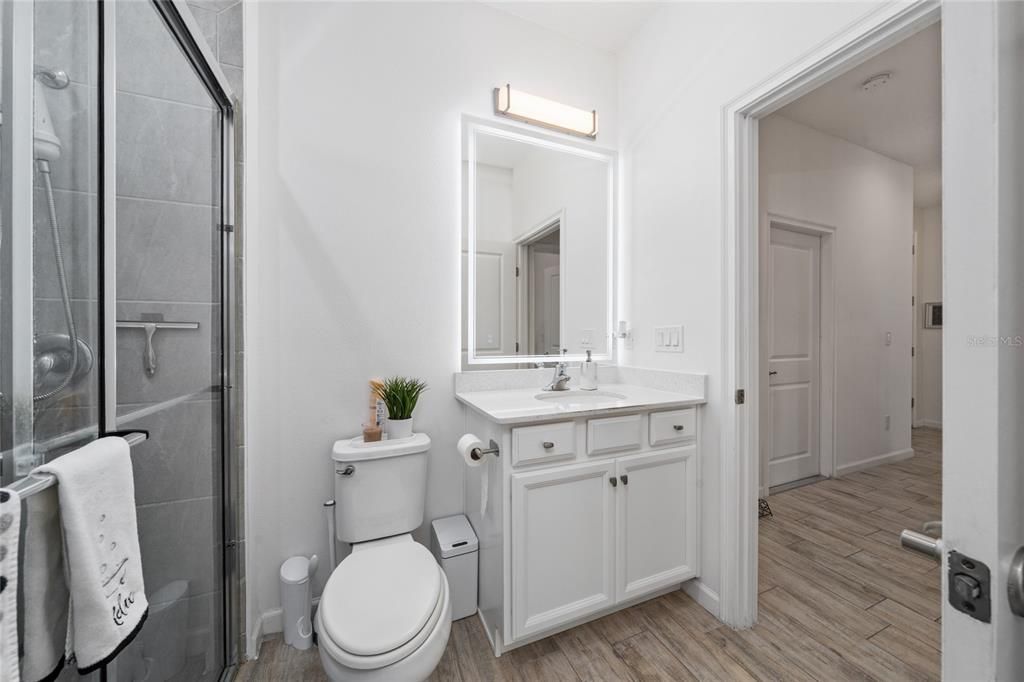 Bathroom, Glass Shower, Interior, Wood Texture Flooring