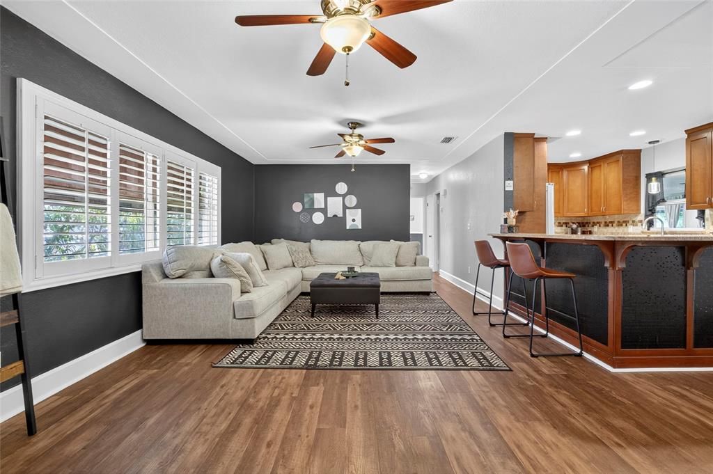 Interior, Kitchen, Living room, Recessed Lighting, Wood Texture Flooring