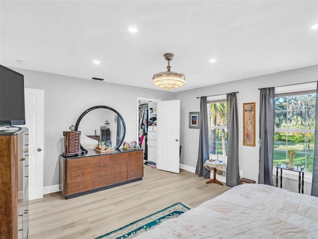 Bedroom, Chandelier, Interior, Recessed Lighting, Wood Texture Flooring