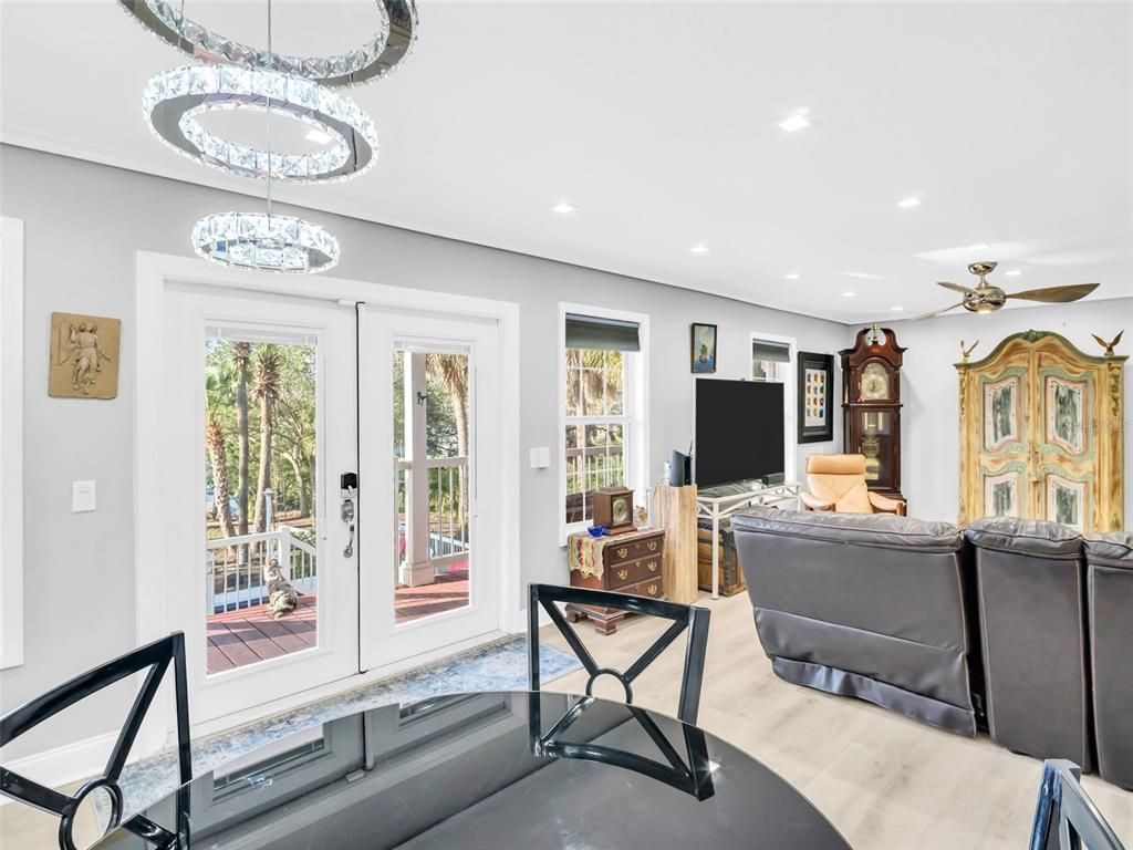 Chandelier, Interior, Living room, Recessed Lighting, Wood Texture Flooring