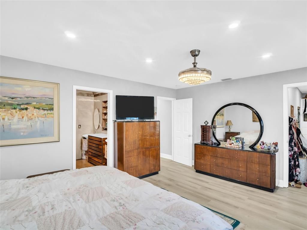 Bedroom, Chandelier, Interior, Recessed Lighting, Wood Texture Flooring