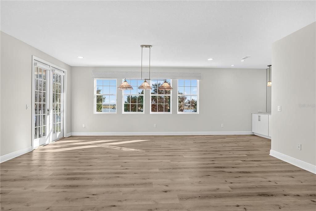 Empty room, Interior, Pendant Lights, Recessed Lighting, Wood Texture Flooring