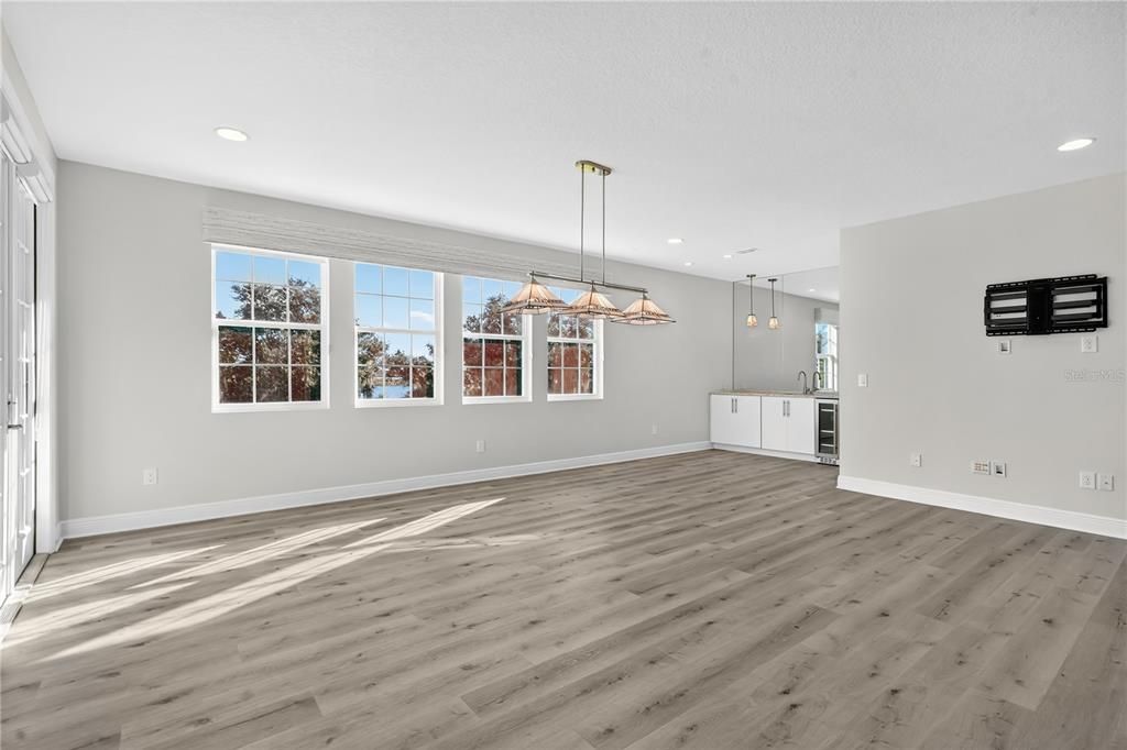 Empty room, Interior, Pendant Lights, Recessed Lighting, Wood Texture Flooring