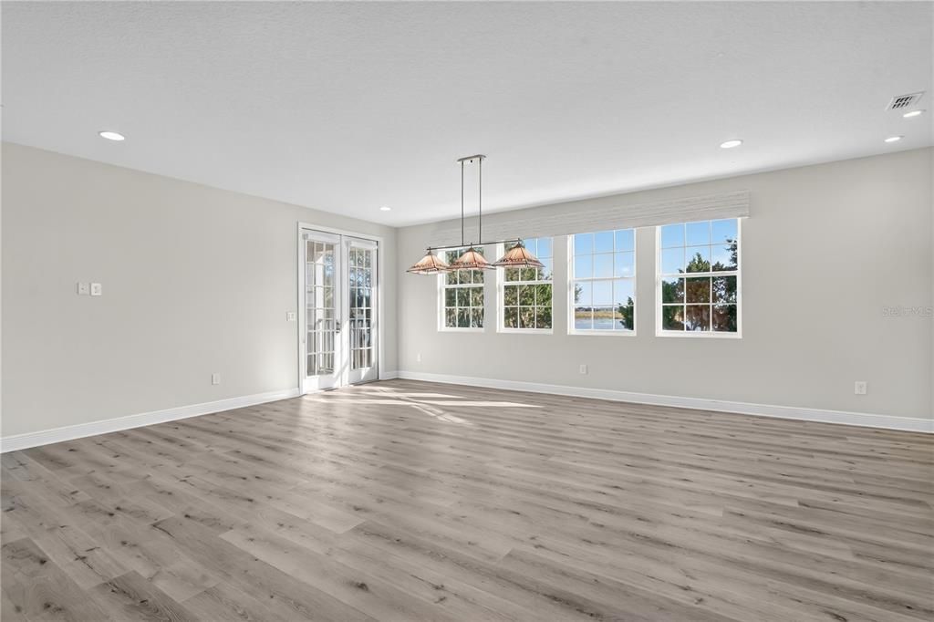Empty room, Interior, Pendant Lights, Recessed Lighting, Wood Texture Flooring