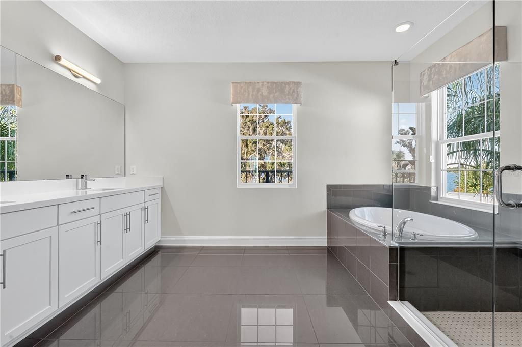 Bathroom, Dual Sink Vanities, Glass Shower, Interior, Recessed Lighting