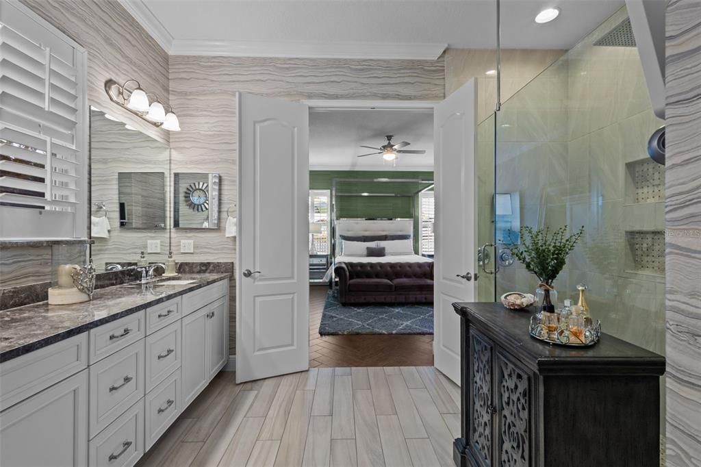 Bathroom, Dual Sink Vanities, Interior, Recessed Lighting, Wood Texture Flooring
