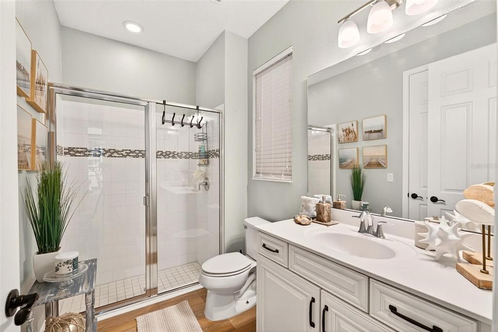 Bathroom, Glass Shower, Interior, Recessed Lighting, Wood Texture Flooring