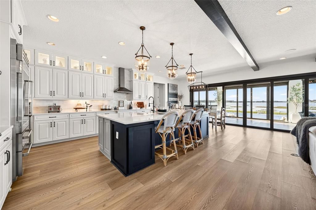 Interior, Kitchen, Pendant Lights, Recessed Lighting, Stainless Steel Appliances, Water, Wood Texture Flooring