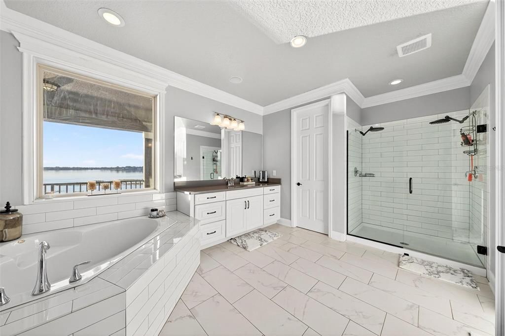 Bathroom, Dual Sink Vanities, Glass Shower, Interior, Marble, Recessed Lighting, Water