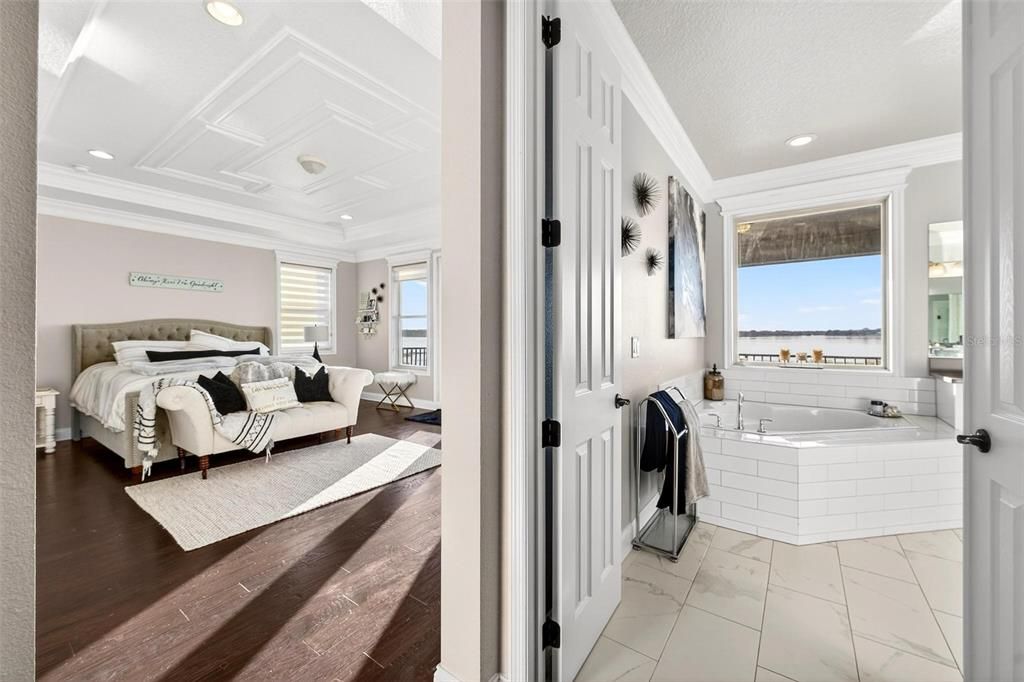 Bathroom, Bedroom, Interior, Marble, Recessed Lighting, Water, Wood Texture Flooring