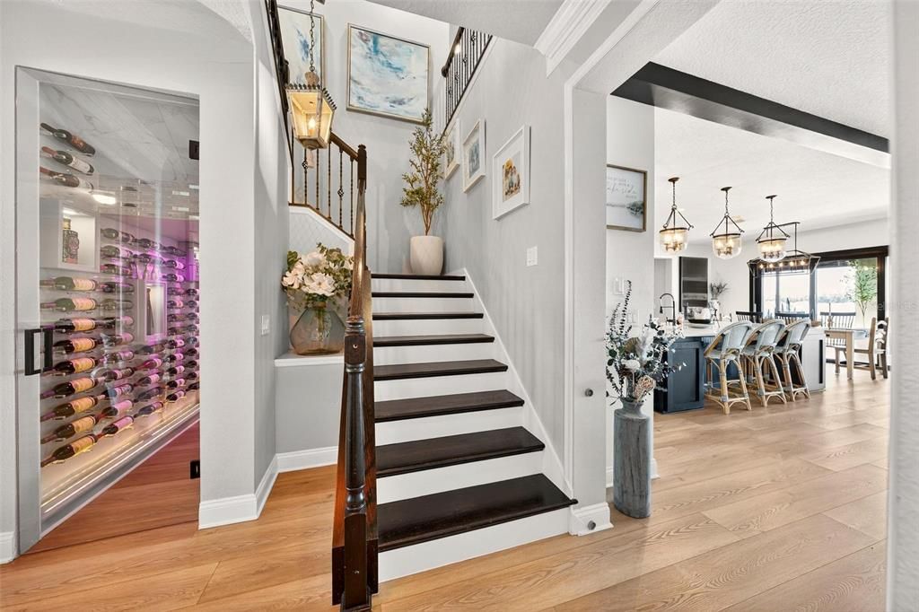 Dining room, Interior, Pendant Lights, Wine Storage, Wood Texture Flooring