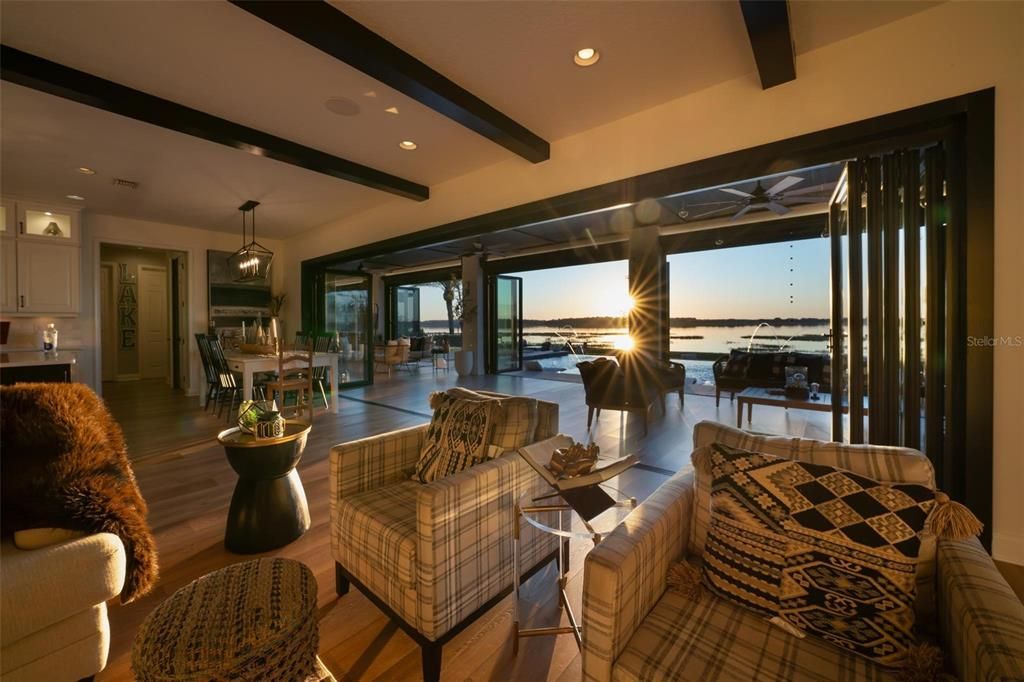 Dining room, Interior, Living room, Pendant Lights, Recessed Lighting, Water, Wooden Beams, Wood Texture Flooring