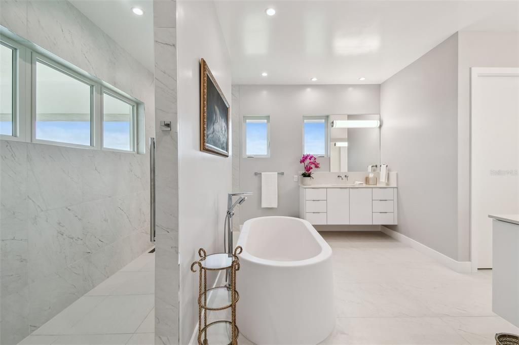 Bathroom, Dual Sink Vanities, Free Standing Baths, Interior, Marble, Marble Walls, Recessed Lighting