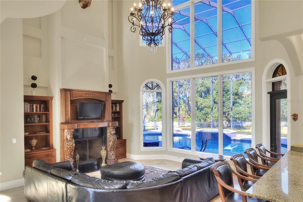 Chandelier, Fireplace, Interior, Living room