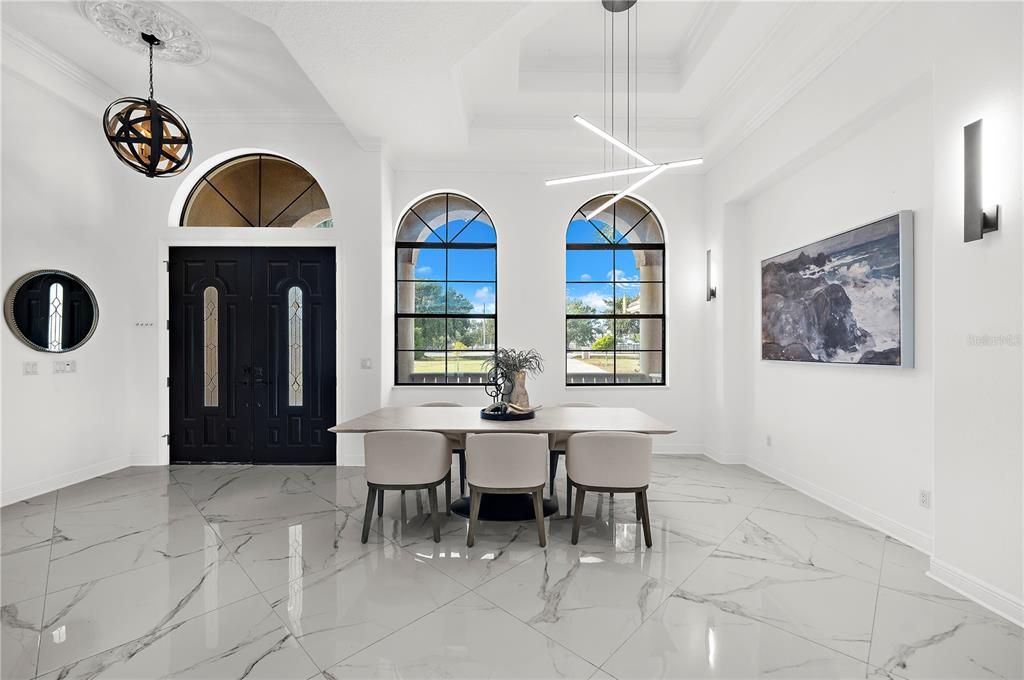Dining room, Interior, Marble, Pendant Lights