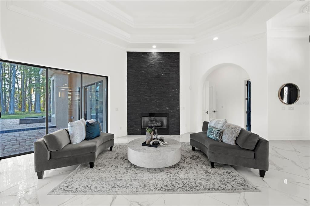 Fireplace, Interior, Living room, Marble, Recessed Lighting