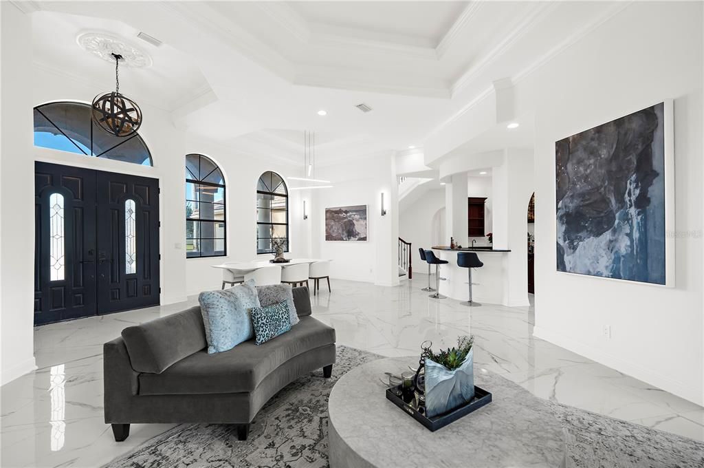 Dining room, Interior, Living room, Marble, Pendant Lights, Recessed Lighting