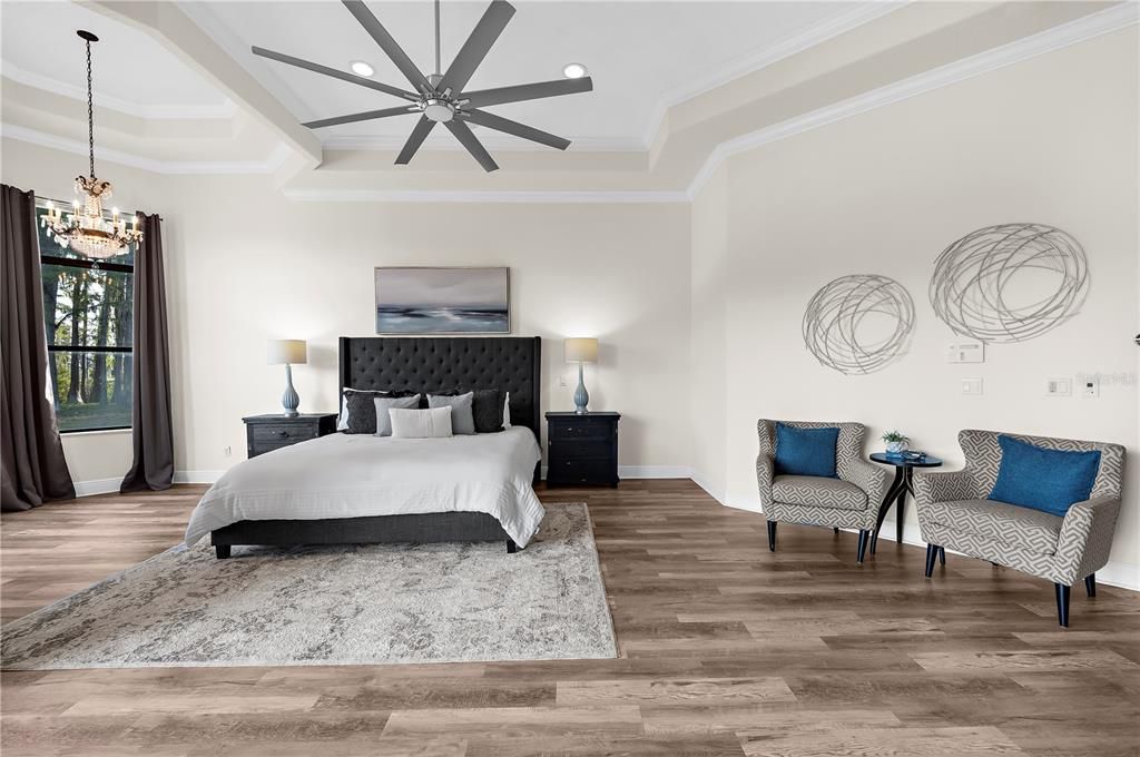 Bedroom, Chandelier, Interior, Pendant Lights, Recessed Lighting, Wood Texture Flooring