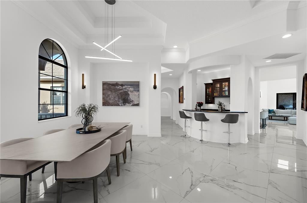 Dining room, Interior, Marble, Pendant Lights, Recessed Lighting