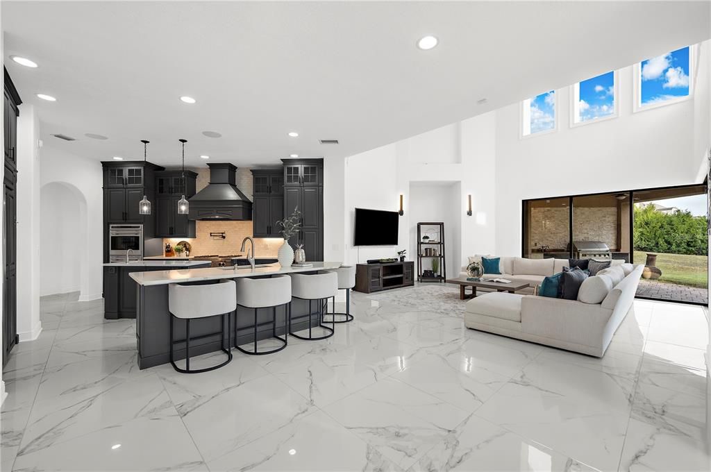 Interior, Kitchen, Living room, Marble, Pendant Lights, Recessed Lighting, Stainless Steel Appliances