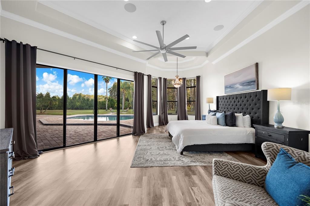 Bedroom, Interior, Pendant Lights, Recessed Lighting, Wood Texture Flooring