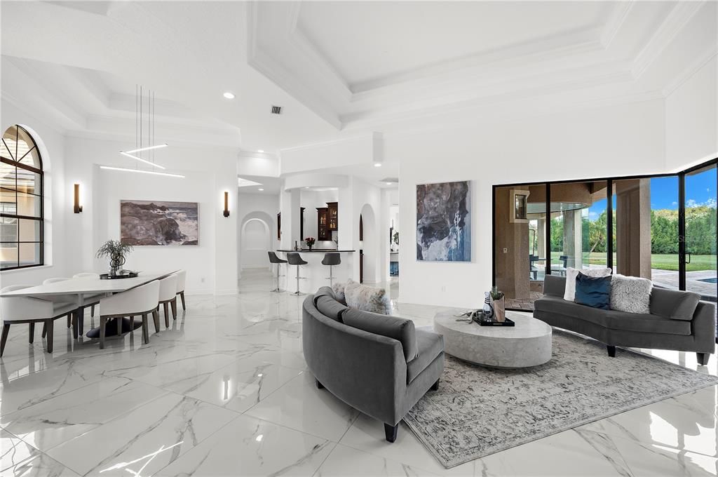 Dining room, Interior, Living room, Marble, Pendant Lights, Recessed Lighting