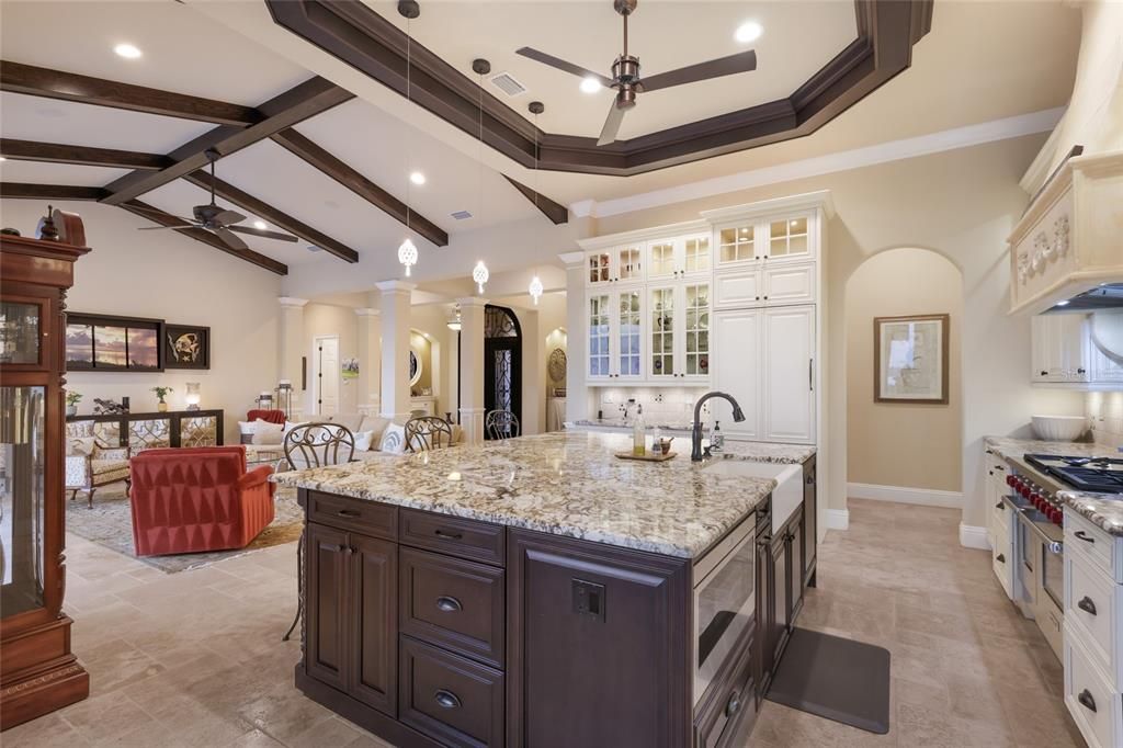 Interior, Kitchen, Living room, Recessed Lighting, Stainless Steel Appliances, Wooden Beams