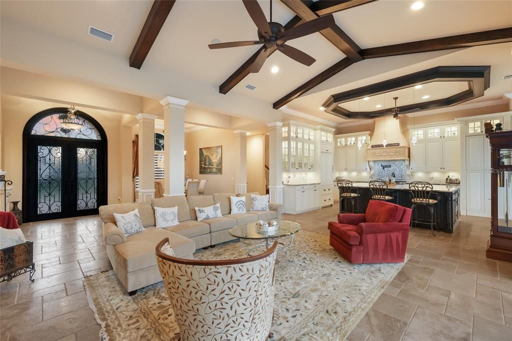 Interior, Kitchen, Living room, Pendant Lights, Recessed Lighting, Wooden Beams